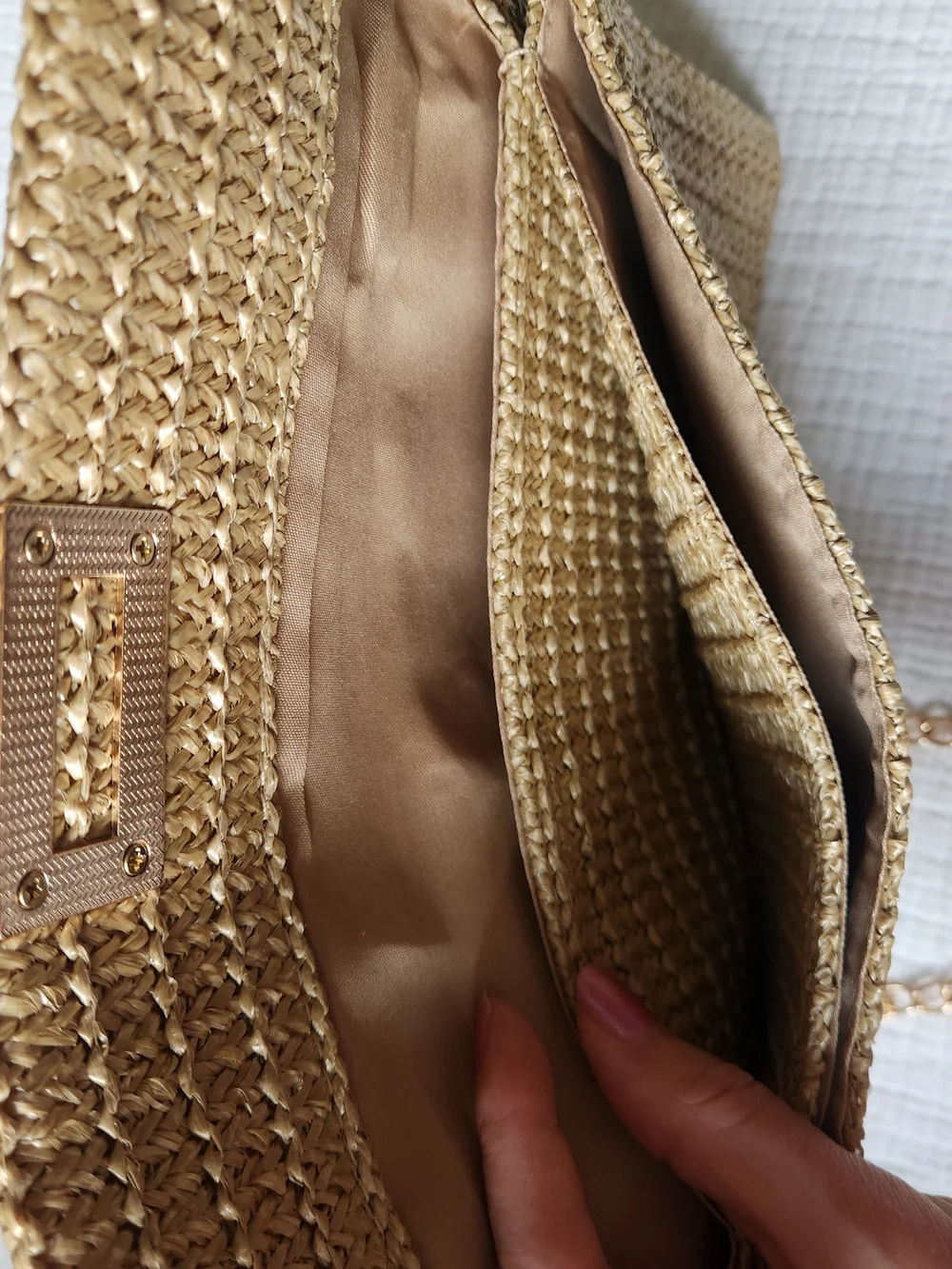 Woven Envelope Clutch With Gold Chain And Geometric Closure